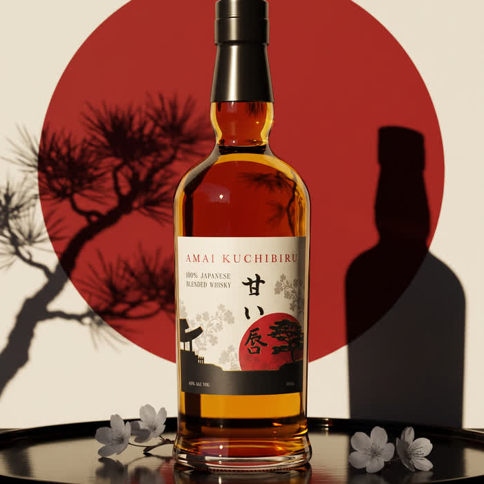 A Japanese blended whisky bottle on a lacquer tray against a red sun and pine shadow