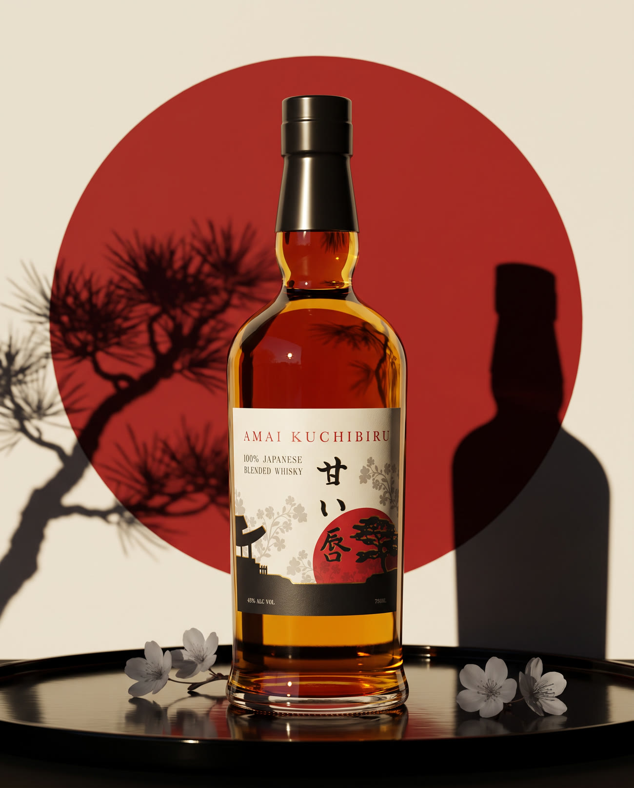 The whisky bottle on black lacquer against a red sun disc with a pine shadow cast across it