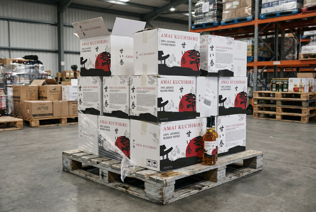 Branded shipping cases stacked on a pallet in a distributor's warehouse