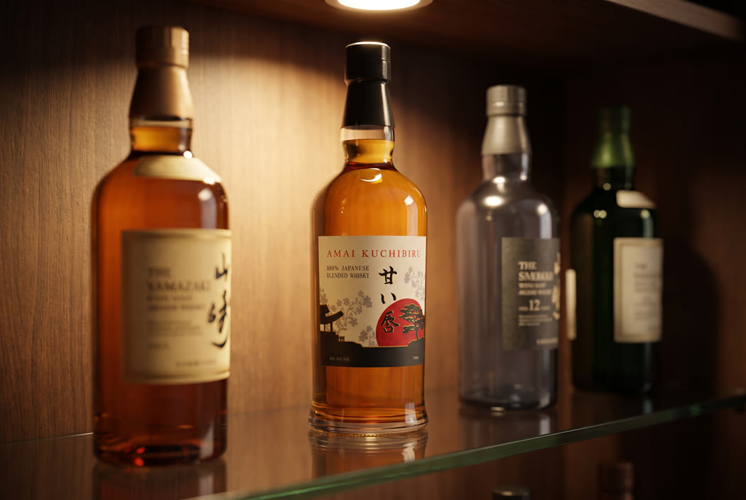 The bottle lit on a liquor store shelf among other Japanese whiskies