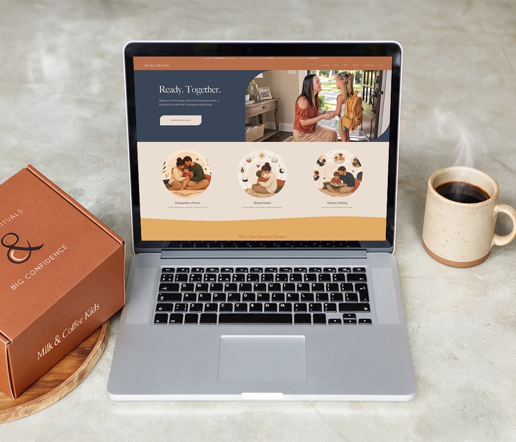 The shop open on a laptop, the home page showing the three ritual cards, with the closed mailer and a coffee on the counter beside it