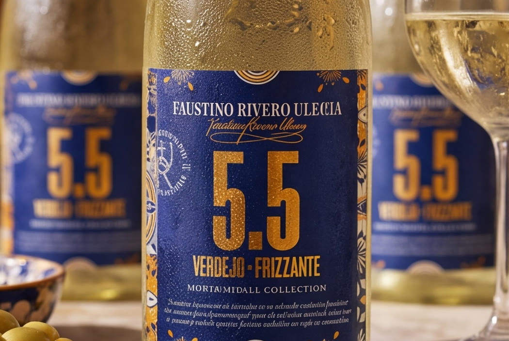 Close on a chilled bottle, the label front on and legible, olives and a poured glass beside it